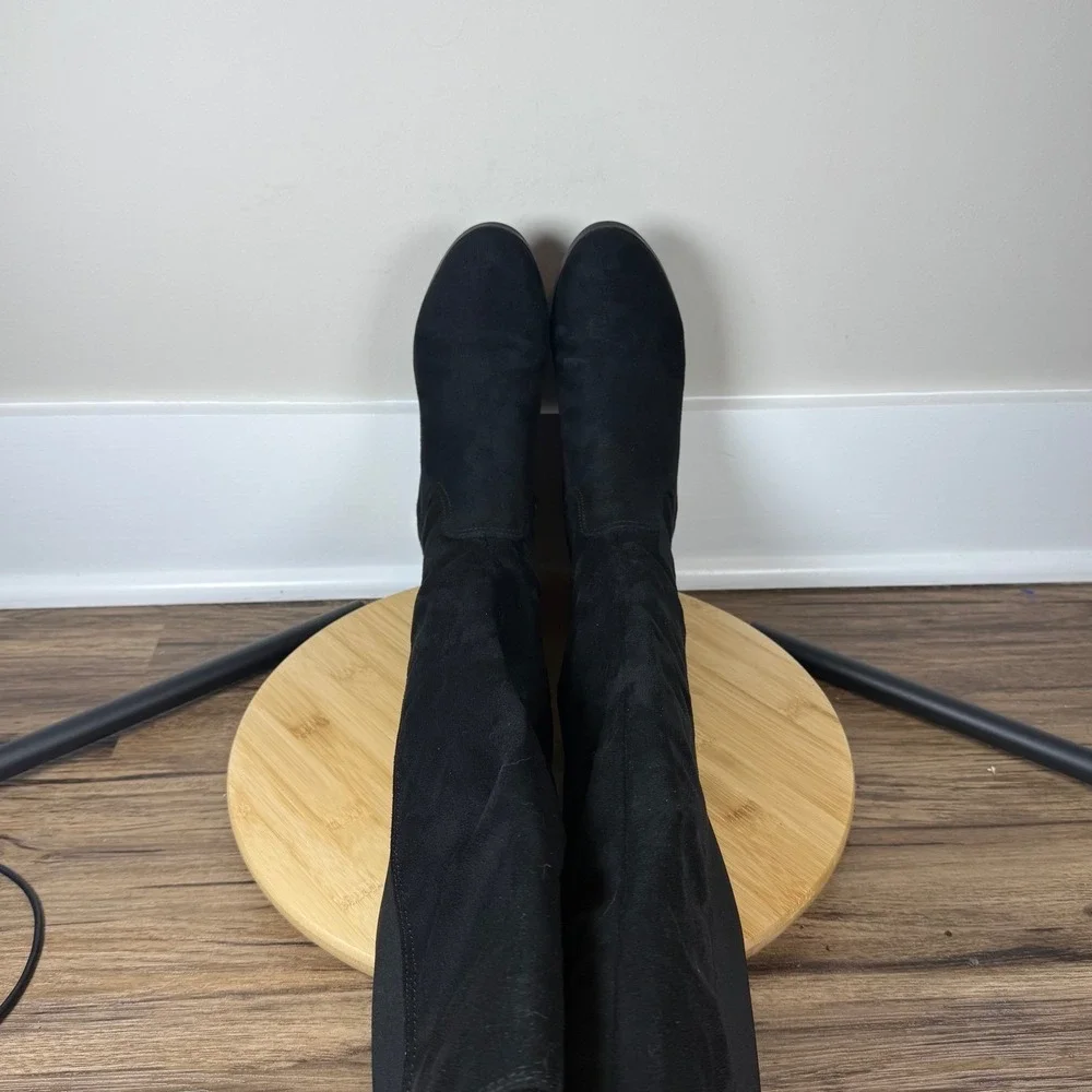 Marc Fisher Knee High Boots Women 6M Black Good Gold Detail Faux Suede Stretch